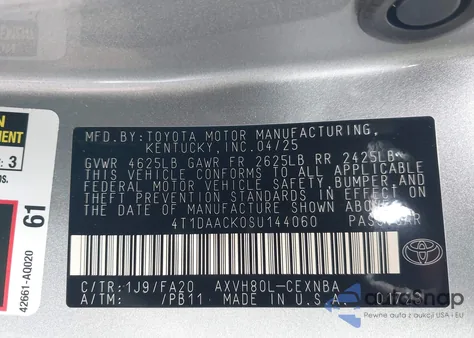 2025 Toyota Camry Le from USA, damaged, VIN 4T1DAACK0SU144060